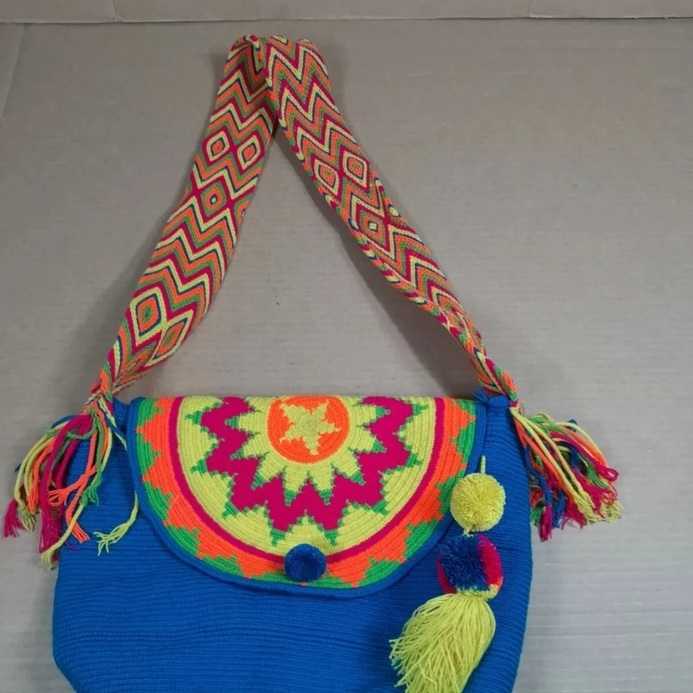 Wayuu Mochila Colombian Bag Turquoise‎ Large  Flap Cover Pompoms Authentic - Picture 2 of 8